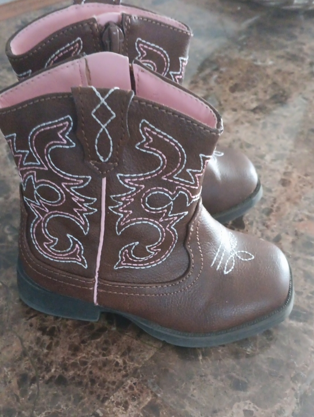 Kids Brown Cowboy Boots with Pink Accents